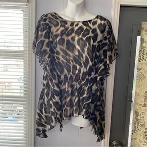 Worthington Womens Short Sleeve Wide Neck Stretch High Low Hem cheetah print